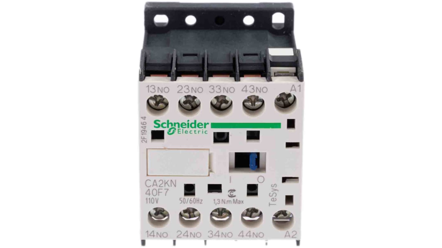 Contattore Schneider Electric CA2KN40F7, 4NO, 10 A, tensione 690 V c.a., montaggio su guida DIN, dimensioni 58x45x57 mm.