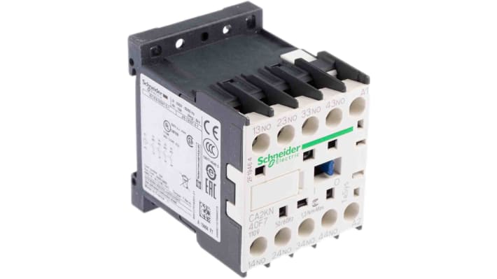 Contattore Schneider Electric CA2KN40F7, 4NO, 10 A, tensione 690 V c.a., montaggio su guida DIN, dimensioni 58x45x57 mm.