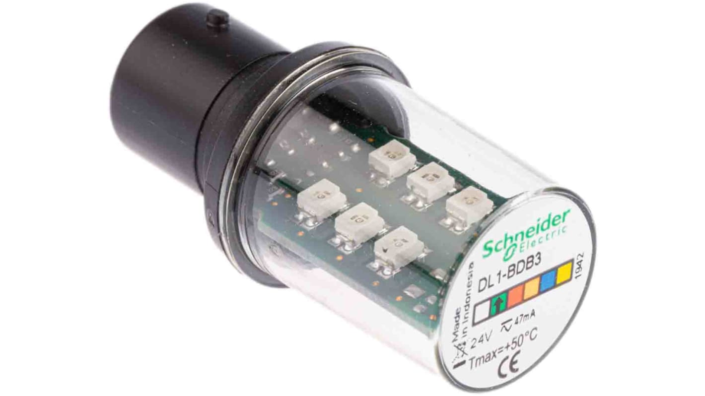 Lampadina LED verde Schneider Electric DL1BDB3 per segnalatori luminosi modulari della serie XVBC. Tecnologia LED Protected, IP66, ideale per ambienti industriali e di sicurezza.