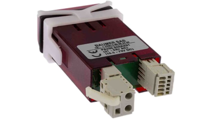 Baumer PA200.005AX01, misuratore digitale da pannello con display LED, ingresso corrente ±20mA, dimensioni 48mm x 24mm.