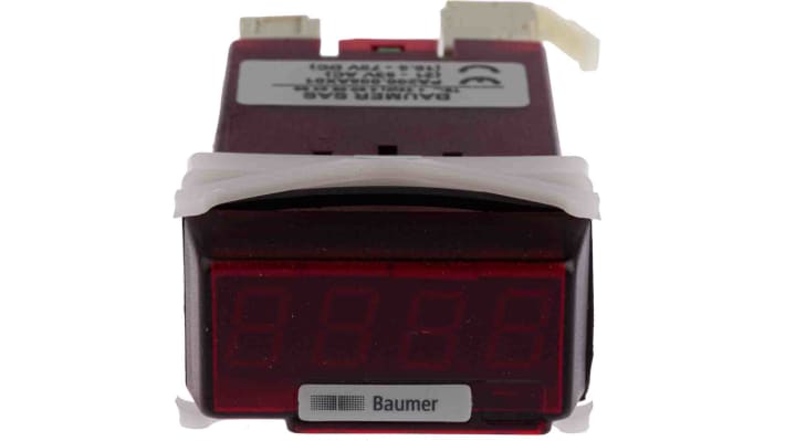 Baumer PA200.005AX01, misuratore digitale da pannello con display LED, ingresso corrente ±20mA, dimensioni 48mm x 24mm.