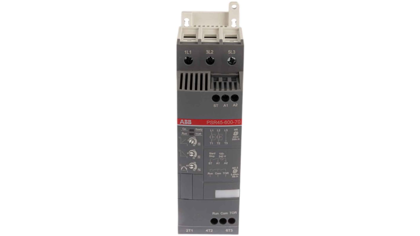 ABB 1SFA896111R7000, avviatore soft-start 3 fasi, 22 kW, 600 V, design compatto, dimensioni 153x54x187 mm.