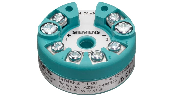 Trasmettitore di temperatura Siemens 7NG3211-0NN00, ingresso PT100, gamma -40 °C/+1050 °C, dimensioni 44 mm di diametro.