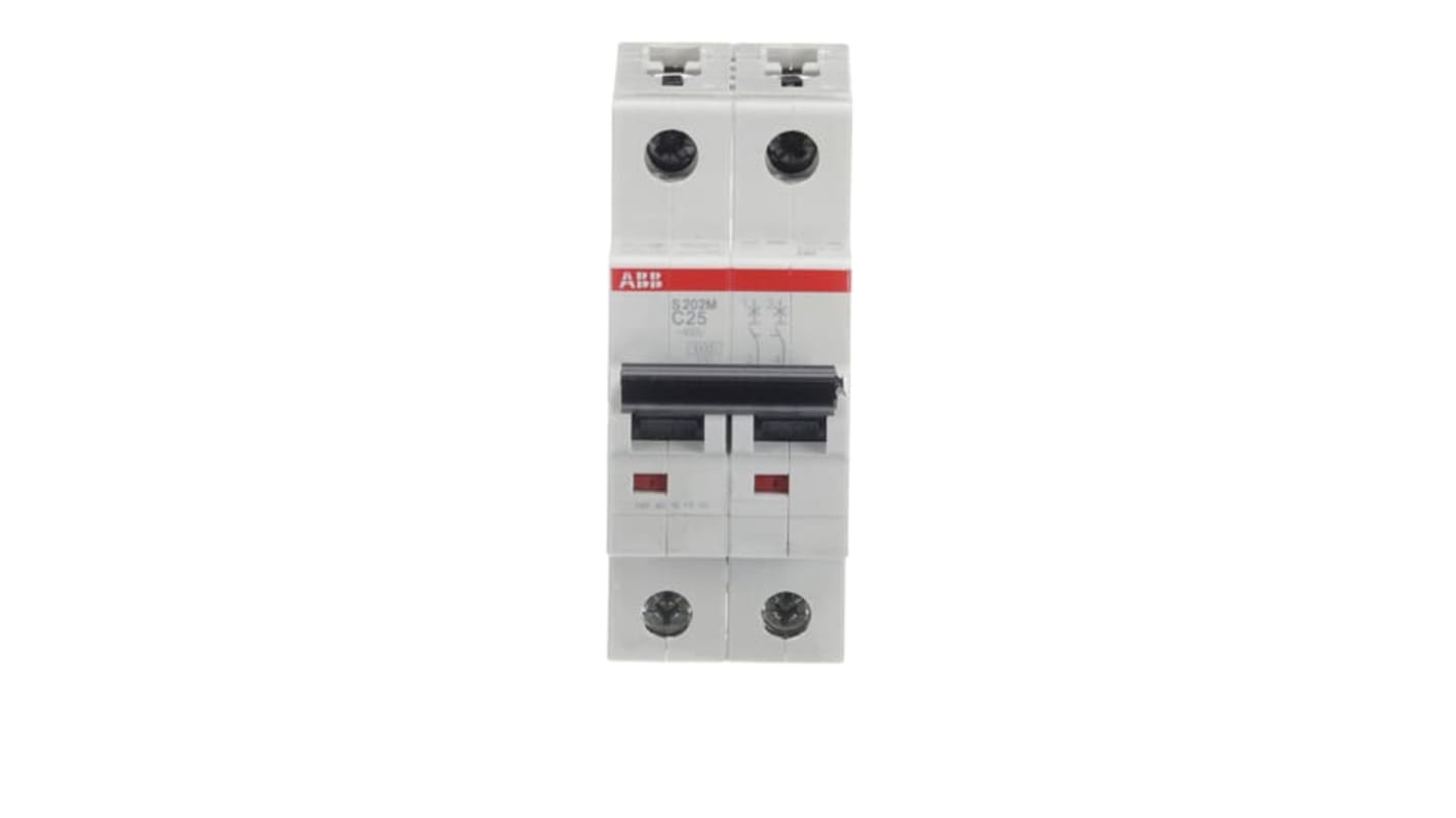 Interruttore magnetotermico ABB S202M-C25, 2 poli, 25 A, montaggio su guida DIN, dimensioni 88 x 35 x 76 mm, protezione cortocircuiti.