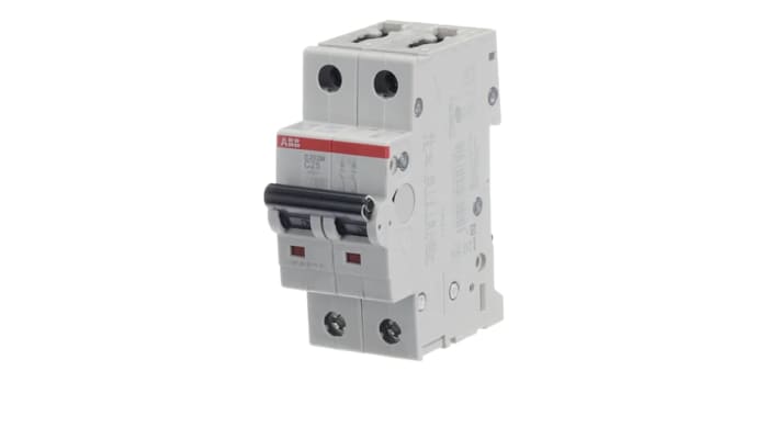 Interruttore magnetotermico ABB S202M-C25, 2 poli, 25 A, montaggio su guida DIN, dimensioni 88 x 35 x 76 mm, protezione cortocircuiti.