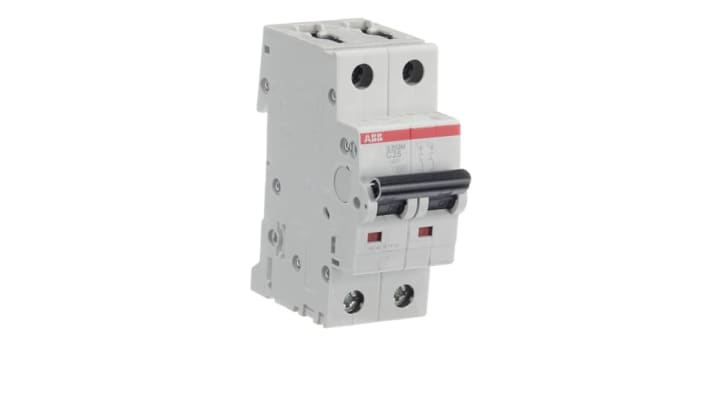 Interruttore magnetotermico ABB S202M-C25, 2 poli, 25 A, montaggio su guida DIN, dimensioni 88 x 35 x 76 mm, protezione cortocircuiti.