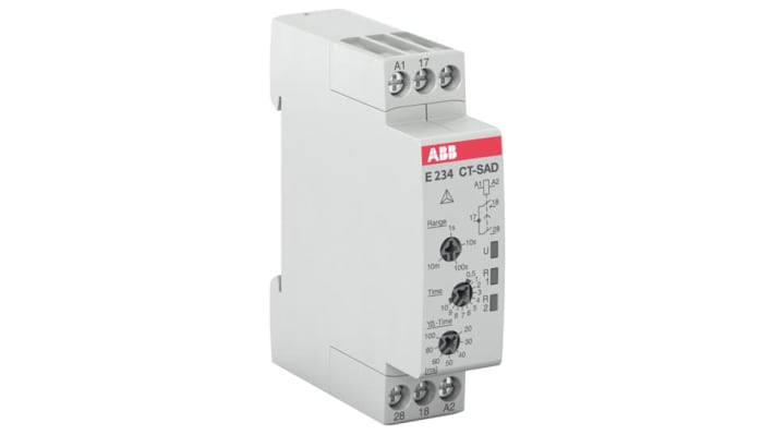 ABB Timer Relay DPST per guida DIN, intervallo di temporizzazione 0.05 s a 10 min, tensione 24-240 V AC, 8 A, dimensioni 22.5 x 78 x 100 mm.