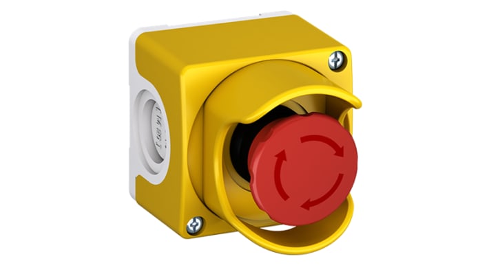 ABB CEPY1-1002, pulsante di arresto di emergenza giallo/rosso, montaggio superficiale, grado di protezione IP67/IP69K, dimensioni 101 x 74,4 x 60,5 mm.