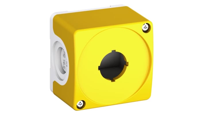 ABB CEPY1-1002, pulsante di arresto di emergenza giallo/rosso, montaggio superficiale, grado di protezione IP67/IP69K, dimensioni 101 x 74,4 x 60,5 mm.