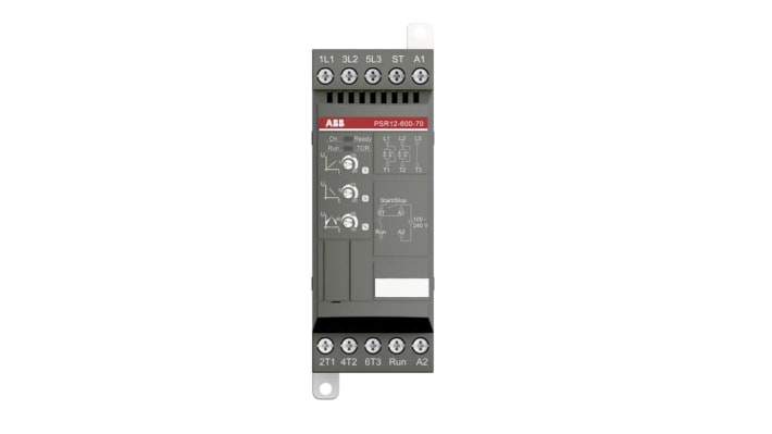 ABB 1SFA896106R7000, avviatore soft-start 3 fasi, potenza 5,5 kW, corrente 12 A, dimensioni 45x114x140 mm, grado di protezione IP20.