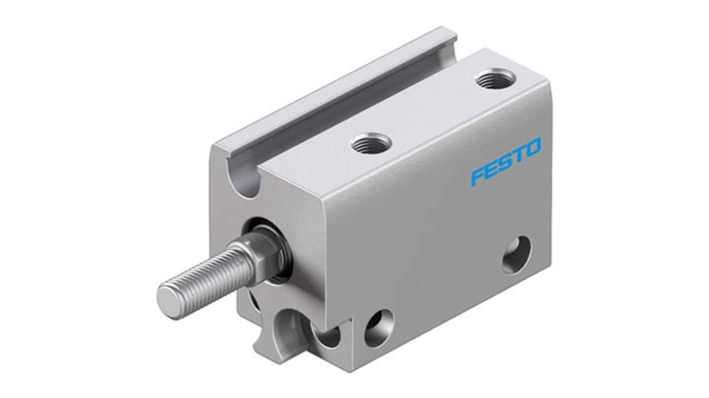 Cilindro pneumatico compatto Festo ADN-S-6-10-A-F1A, doppio effetto, corsa 10 mm, foro 6 mm, collegamento M3, struttura in alluminio anodizzato.