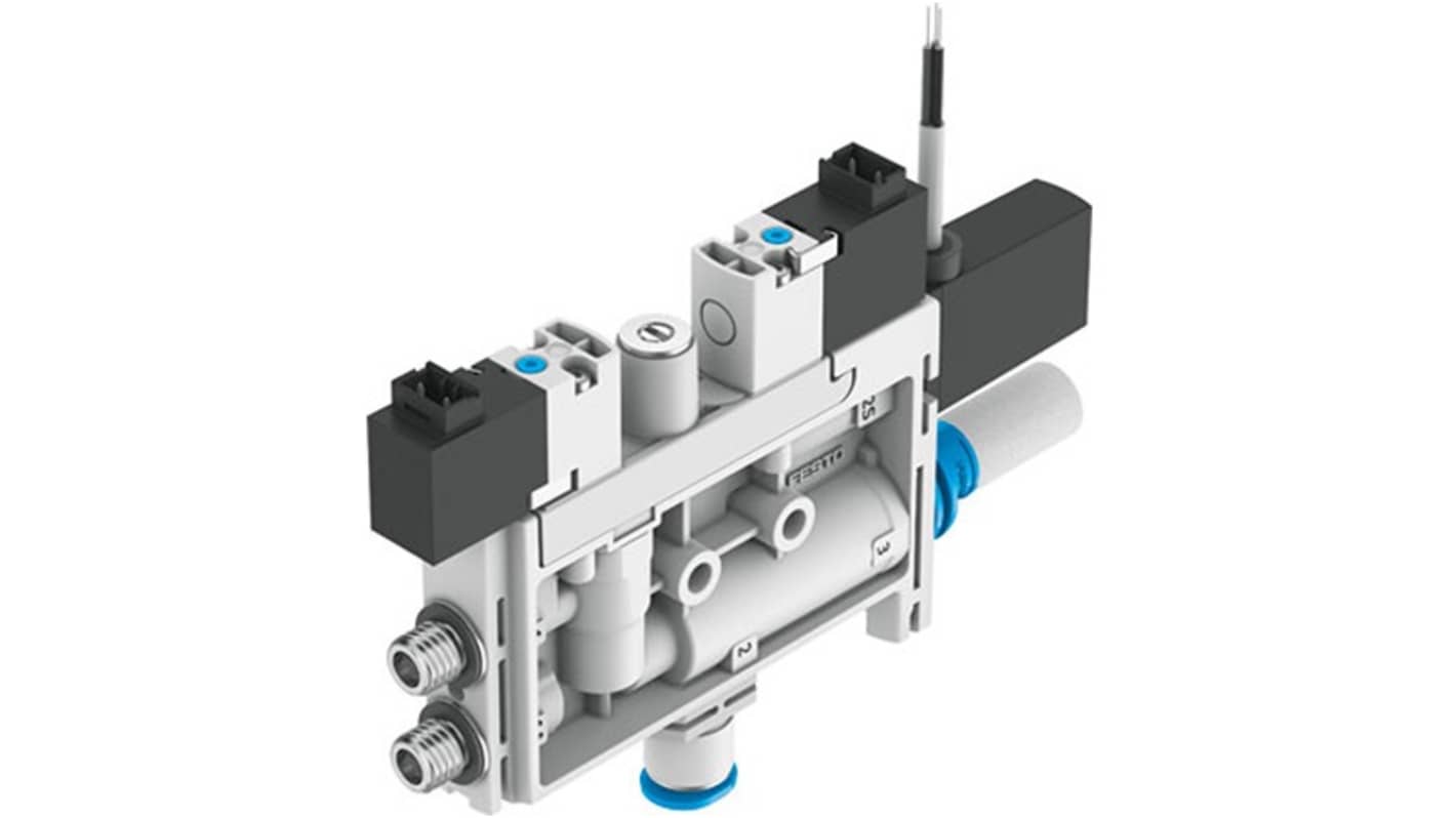 Generatore di vuoto Festo OVEL, flusso massimo 21L/min, pressione di vuoto 4.1bar, design a T con display LED.