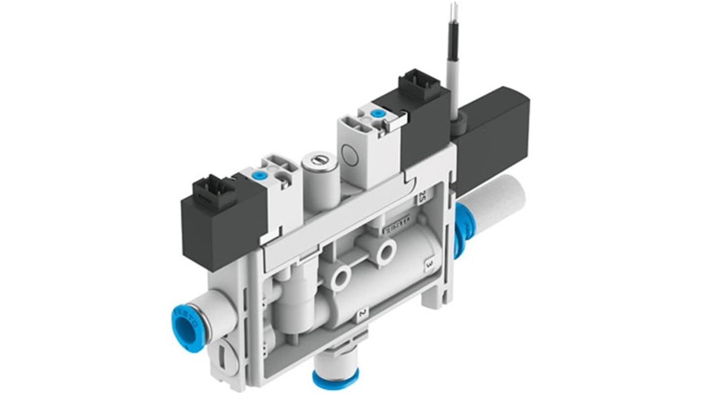 Generatore di vuoto Festo OVEL-7-H-15-PQ-VQ4-UC-C-A-V1PNLK-H3, design a T, flusso 17L/min, pressione 4.8bar, ugello 0.7mm.