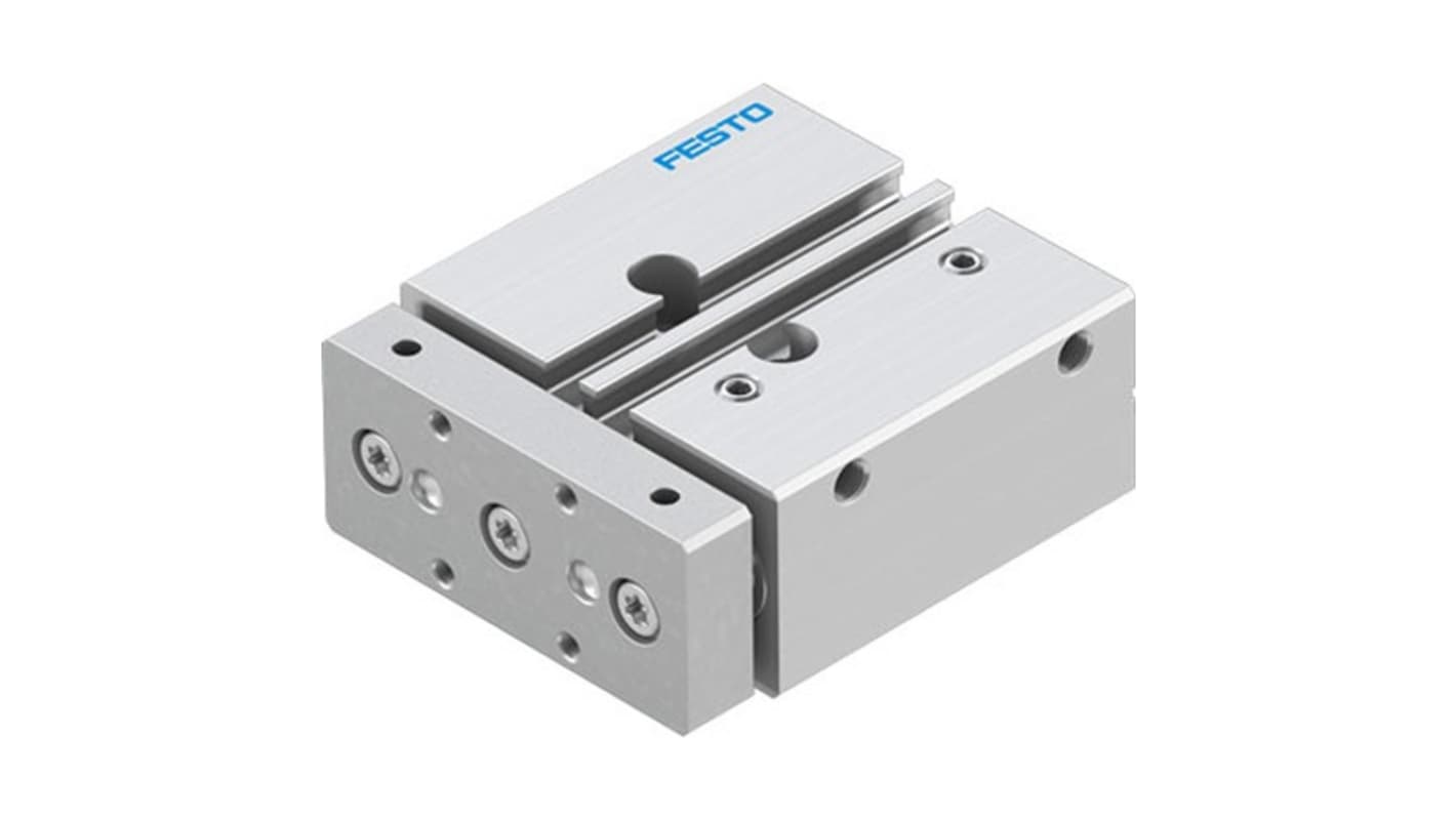 Cilindro guidato Festo DFM-12-20-P-A-KF-F1A, azionamento pneumatico doppio effetto, corsa 20 mm, foro 12 mm, design compatto.