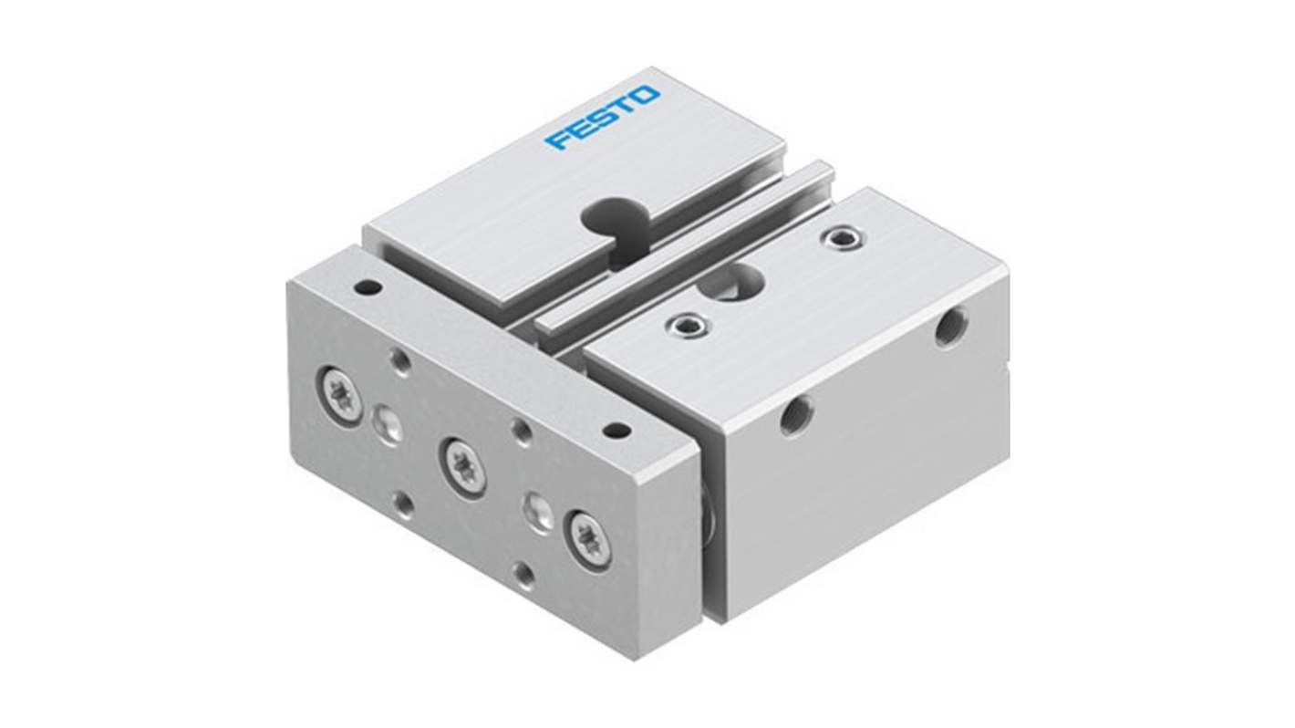 Cilindro pneumatico Festo DFM-12-10-P-A-KF-F1A, azione a doppio effetto, corsa 10 mm, foro 12 mm, struttura in alluminio.