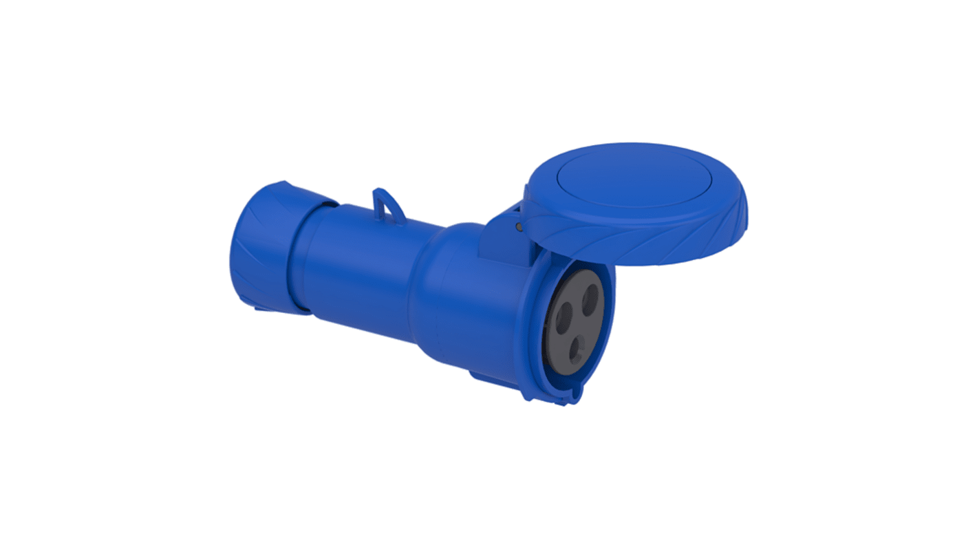 Presa Mureva 2P + E Schneider Electric, 32A, 200-250 V, IP67, grigio, orientamento ad angolo diritto.