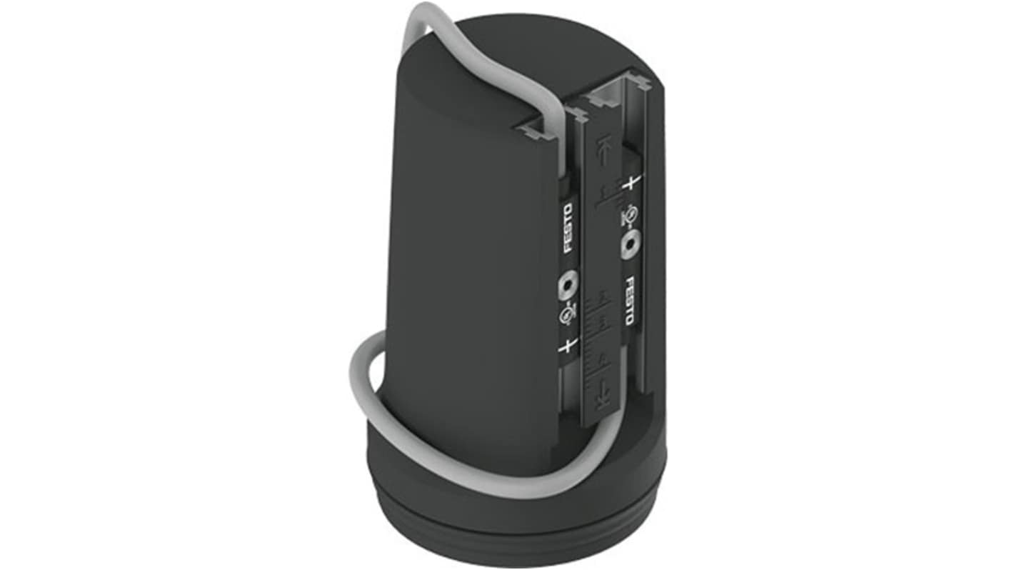 Sensore pneumatico Festo SAMH-F12-MK-A2, con alloggiamento in alluminio, grado di protezione IP65/IP66 e due interruttori di prossimità.