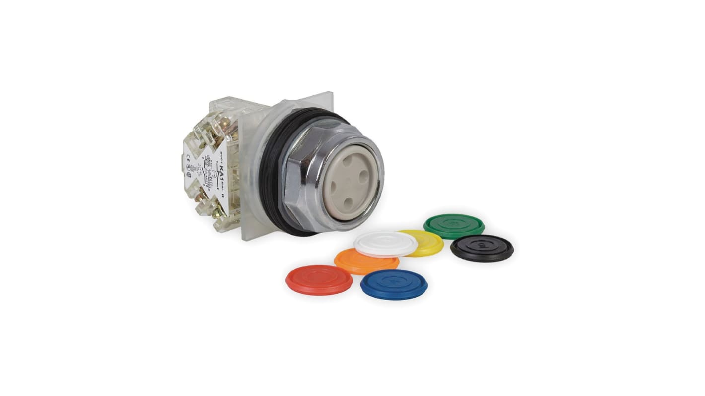 Pulsante momentaneo Schneider Electric 9001KR1UH13, 1CO, IP66, diametro 30mm, resistenza agli urti 50GN, fornito con 7 cappucci colorati.