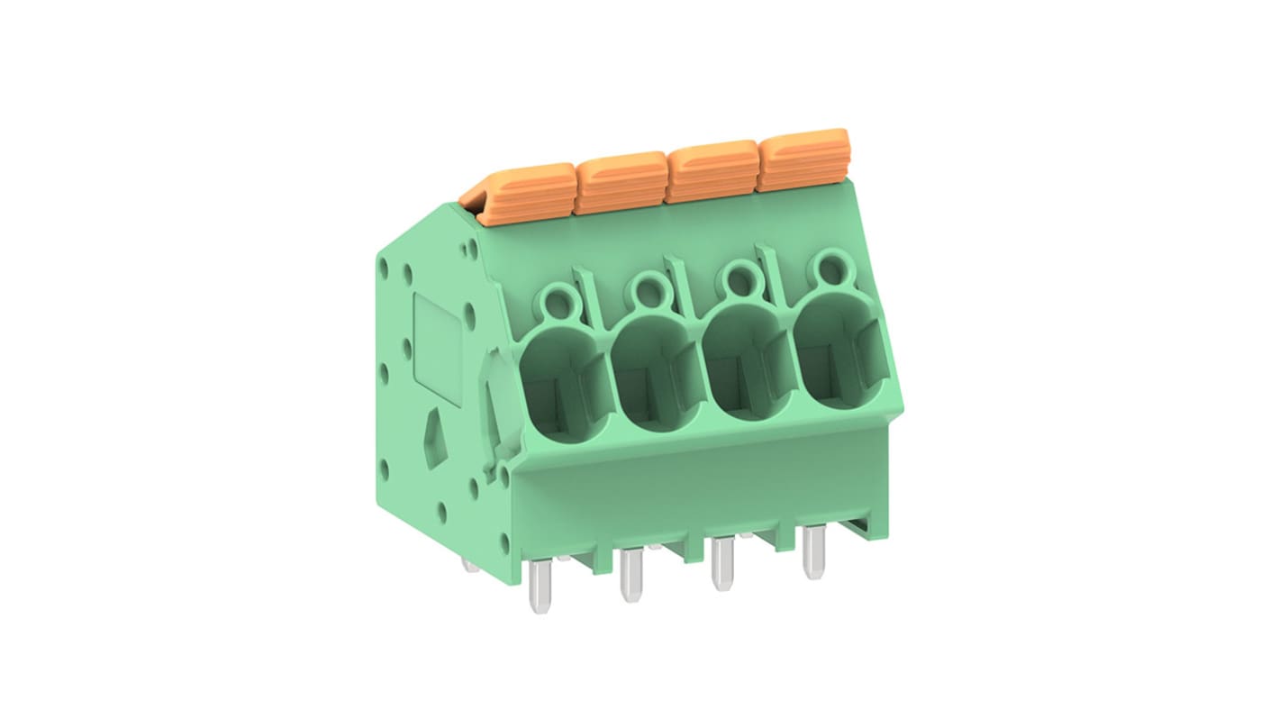 Molex 2213910004, morsettiera PCB a 4 vie, passo 7.5mm, attivazione a leva, corrente 40A, tensione 300V.