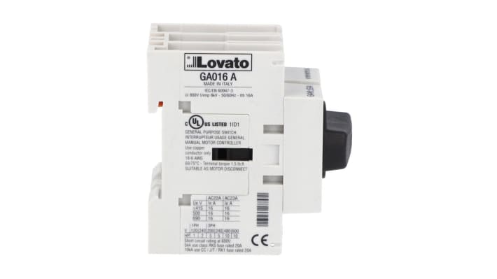 Interruttore di isolamento Lovato GA040A, 3 poli, corrente 40A, tensione 690V, montaggio posteriore, dimensioni 36mm x 75mm x 78mm.
