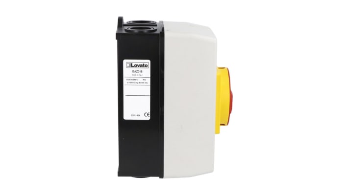 Interruttore di isolamento Lovato GAZ016, 3 poli, 16 A, IP65, maniglia rossa e gialla, dimensioni 100 x 120 x 167.7 mm.
