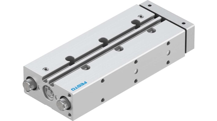 Cilindro pneumatico Festo DFM-12-100-P-A-GF, foro 12 mm, corsa 100 mm, doppio effetto, dimensioni 155 x 60 x 28 mm.