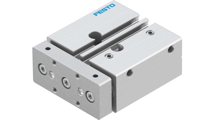 Cilindro pneumatico Festo DFM-12-20-P-A-GF, doppio effetto, corsa 20 mm, dimensioni 69 x 60 x 28 mm, collegamento M5, struttura in alluminio.
