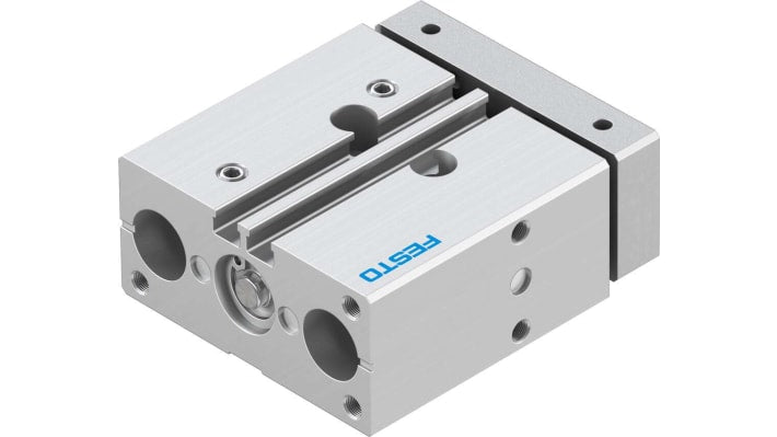 Cilindro pneumatico Festo DFM-12-20-P-A-GF, doppio effetto, corsa 20 mm, dimensioni 69 x 60 x 28 mm, collegamento M5, struttura in alluminio.