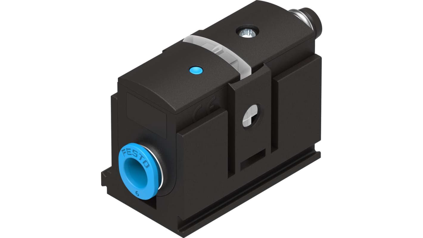 Sensore di pressione Festo SDE5-V1-O-Q6E-P-M8, attacco 6 mm, IP40, per aria compressa, montaggio versatile, peso 19 g.
