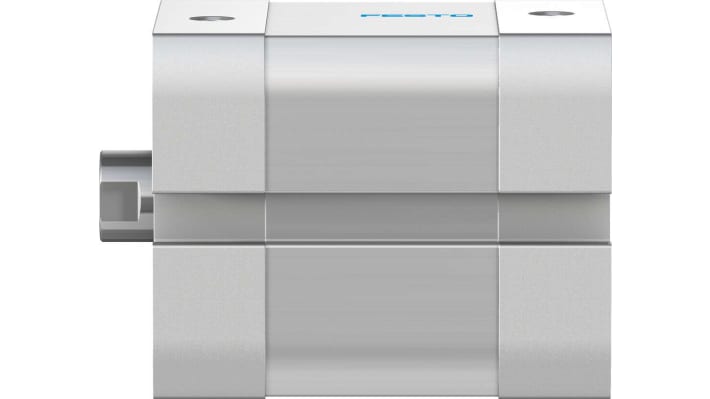 Cilindro pneumatico doppio effetto Festo ADN-25-10-I-P-A, foro 25 mm, corsa 10 mm, attacco M5, max 10 bar, dimensioni 39,5 x 39,5 x 54,5 mm.