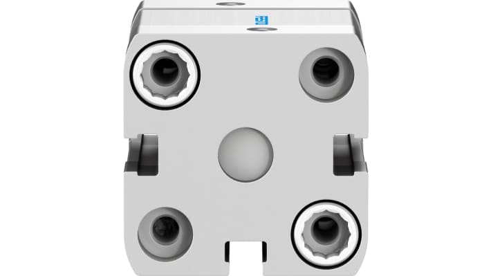 Cilindro pneumatico doppio effetto Festo ADN-25-10-I-P-A, foro 25 mm, corsa 10 mm, attacco M5, max 10 bar, dimensioni 39,5 x 39,5 x 54,5 mm.
