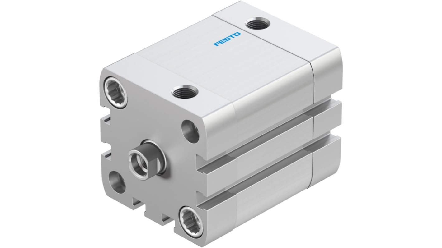 Cilindro pneumatico doppio effetto Festo ADN-40-25-I-P-A, foro 40 mm, corsa 25 mm, attacco G 1/8, dimensioni 54.5 x 54.5 x 76.1 mm.