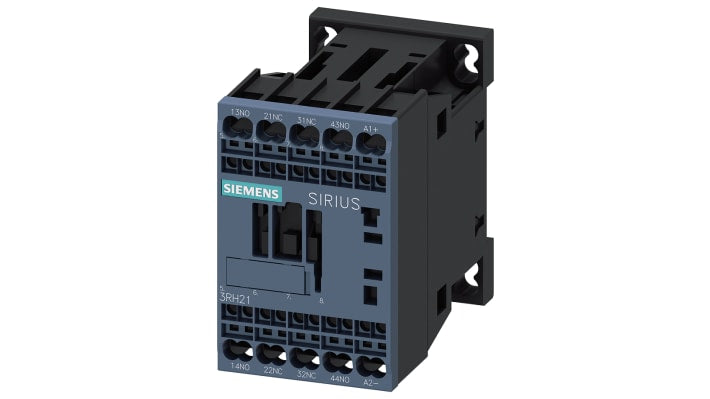 Contattore Siemens 3RH2122-2BB40, 24V DC, 10A, peso 295g, serie SIRIUS, protezione contro sovracorrenti e picchi di tensione. Ideale per motori e pompe.