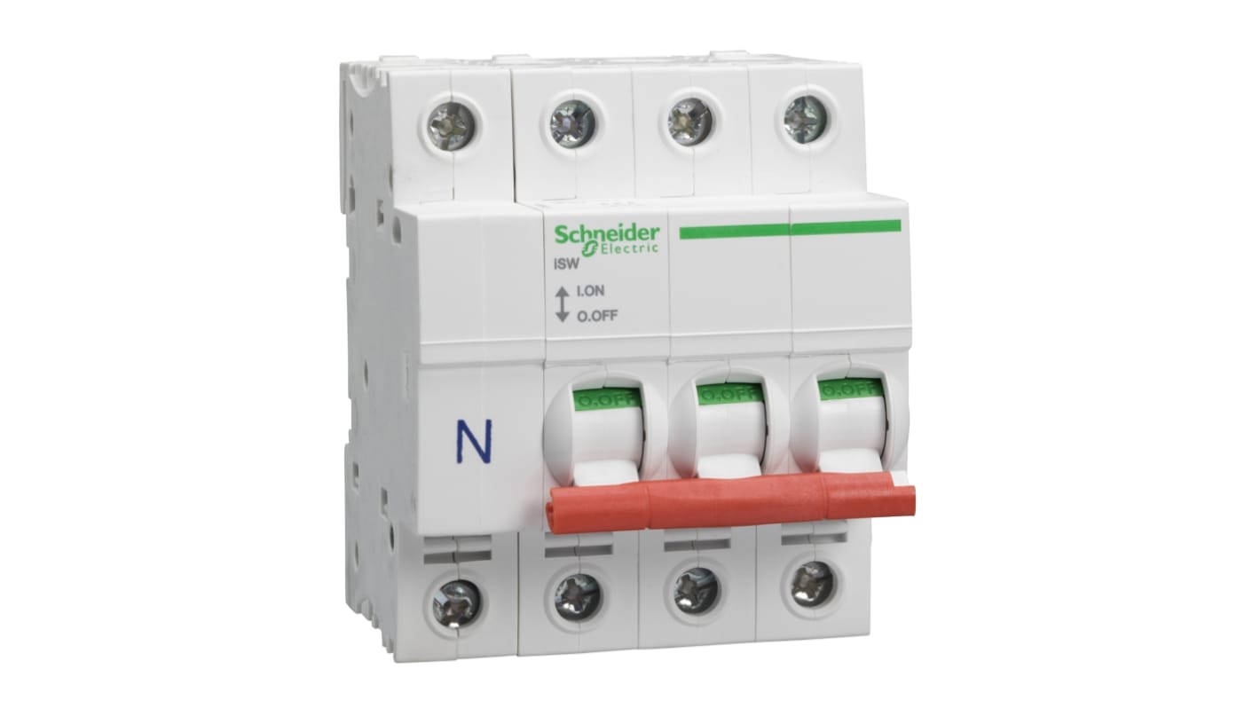 Interruttore di isolamento Schneider Electric 3P+N, 125A, 415V, maniglia rossa, per quadri di distribuzione industriali.