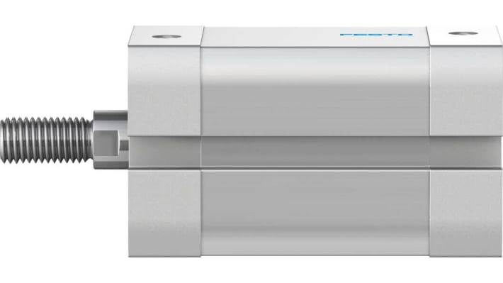 Cilindro pneumatico doppio effetto Festo ADN-20-25-A-P-A, foro 20 mm, corsa 25 mm, attacco M5, dimensioni 35,5 x 35,5 x 67,5 mm.