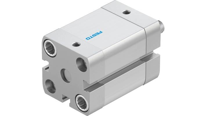 Cilindro pneumatico Festo ADN-25-20-A-P-A, doppio effetto, alesaggio 25 mm, corsa 20 mm, dimensioni 39.5 x 39.5 x 64.5 mm.