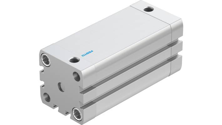 Cilindro pneumatico Festo ADN-40-80-A-P-A, doppio effetto, foro 40 mm, corsa 80 mm, attacco G 1/8, dimensioni 54.5 x 54.5 x 131.1 mm.