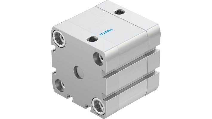 Cilindro pneumatico Festo ADN-50-20-A-P-A, doppio effetto, foro 50 mm, corsa 20 mm, pressione max 10 bar, dimensioni 65,5 x 65,5 x 72,7 mm.