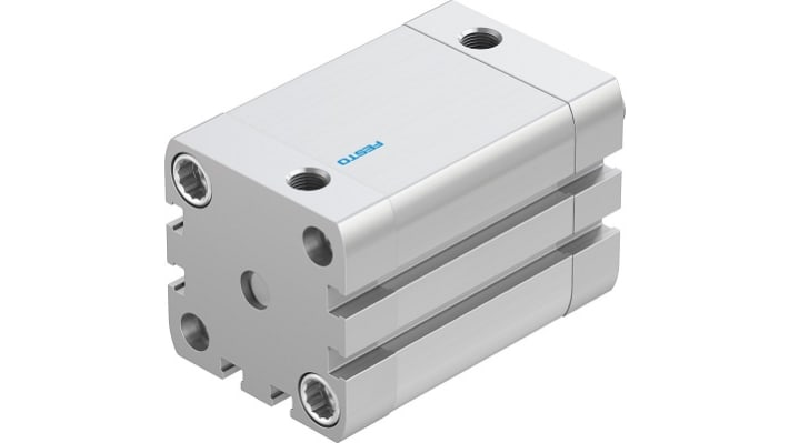 Cilindro pneumatico Festo ADN-50-80-A-P-A, doppio effetto, foro 50 mm, corsa 80 mm, montabile in qualsiasi posizione.