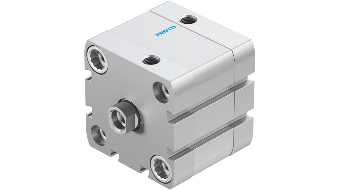 Cilindro pneumatico doppio effetto Festo ADN-50-15-I-P-A, foro 50 mm, corsa 15 mm, pressione massima 10 bar, dimensioni 65.5 x 65.5 x 67.7 mm.