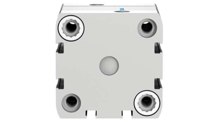 Cilindro pneumatico doppio effetto Festo ADN-50-15-I-P-A, foro 50 mm, corsa 15 mm, pressione massima 10 bar, dimensioni 65.5 x 65.5 x 67.7 mm.