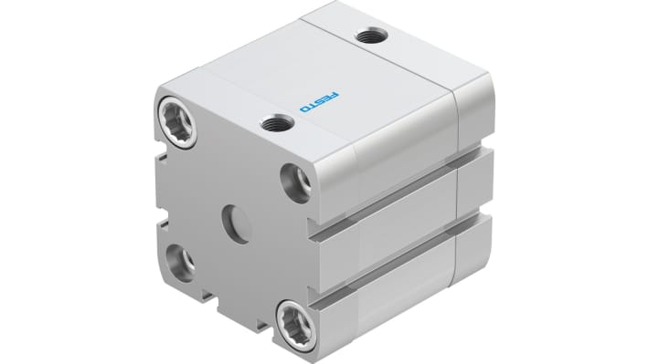 Cilindro pneumatico doppio effetto Festo ADN-50-25-I-P-A, alesaggio 50 mm, corsa 25 mm, pressione massima 10 bar. Dimensioni 65,5 x 65,5 x 77,7 mm.