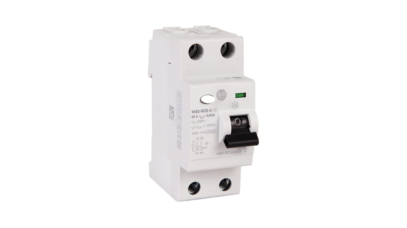 Allen Bradley RCD Tipo A 1P+N, 25A, 300mA, montaggio su guida DIN, dimensioni 35 x 88 x 75mm, protezione IP40.