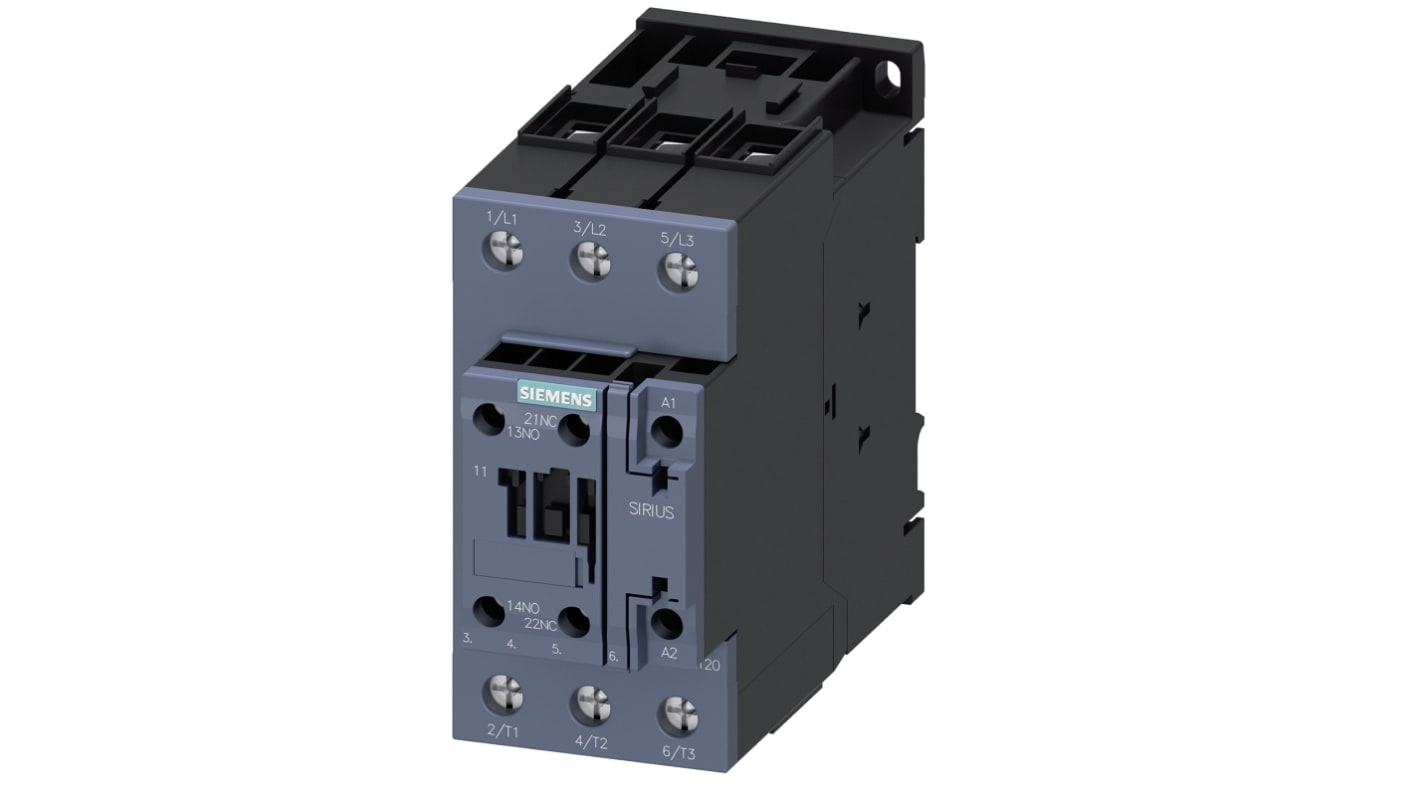 Contattore Siemens 3RT2038-1AF00, 3 poli, 90 A, 37 kW, montaggio su guida DIN, dimensioni 114 x 55 x 130 mm.
