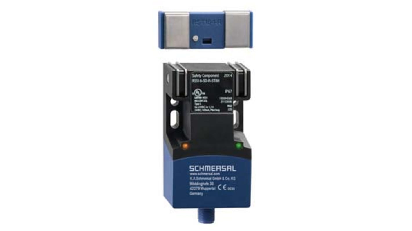 Interruttore di sicurezza Schmersal RSS16-I2-D-R-ST8H, senza contatto, grado di protezione IP67, dimensioni 91x52x30 mm.