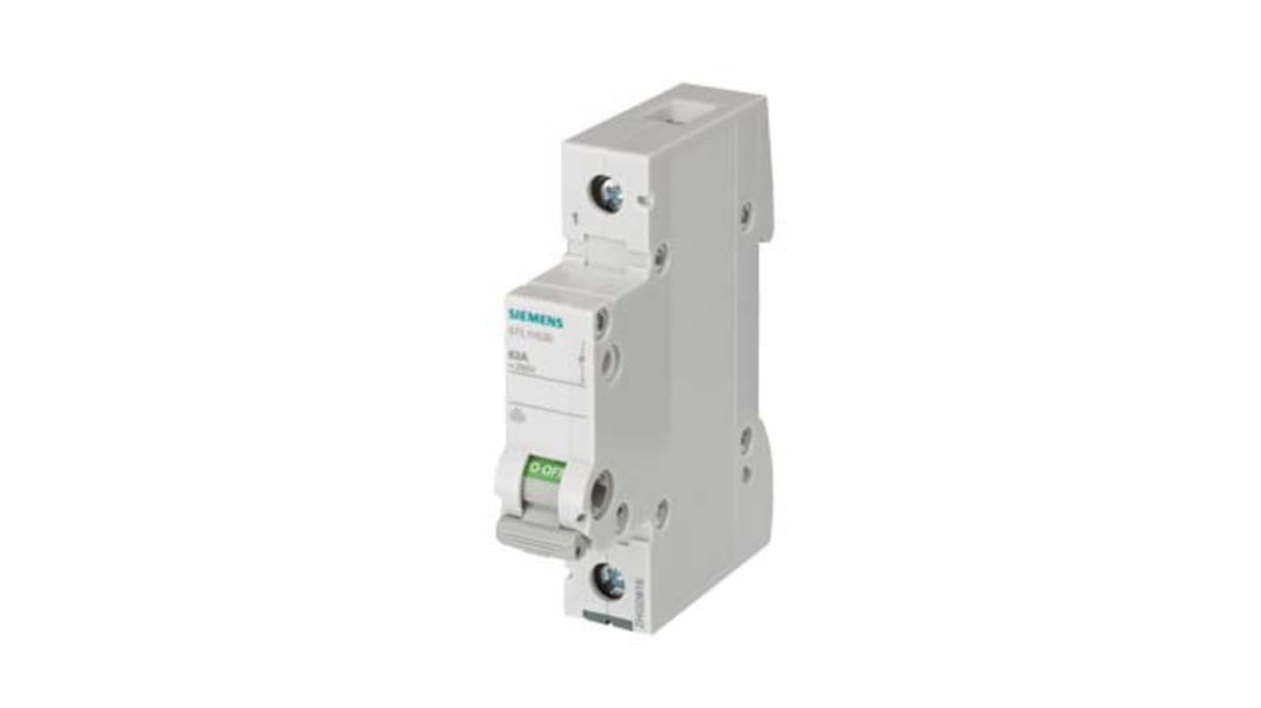 Interruttore di isolamento Siemens 5TL1132-0, 1P, 32A, 250V, maniglia grigia, attivazione manuale, dimensioni 18x74.5x89.8mm.