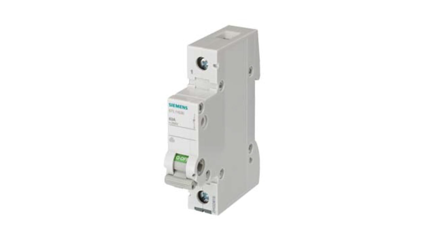 Interruttore di isolamento Siemens 5TL1140-0, 1P, 40A, 250V, maniglia grigia, attivazione manuale, dimensioni 18x74.5x89.8mm.