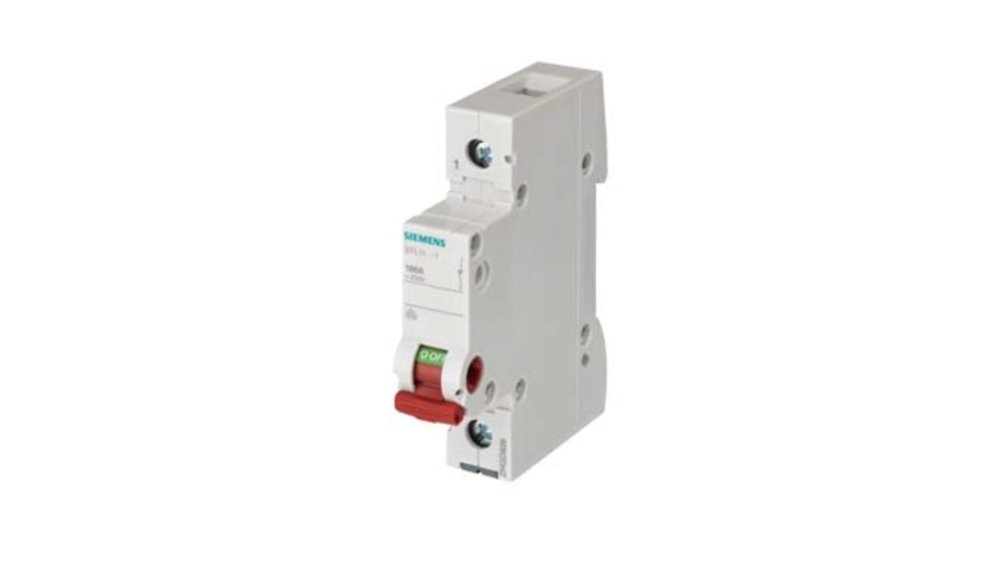 Interruttore di isolamento Siemens 5TL1191-1, 1P, 100A, 250V, maniglia rossa, dimensioni 18x74.5x89.8mm, conforme a EN 60947-1.
