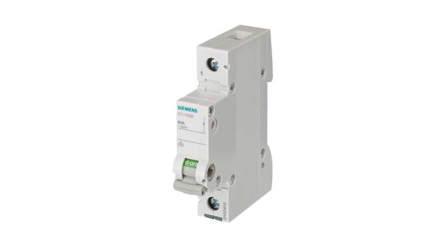 Interruttore di isolamento Siemens 5TL1192-0, 1P, 125A, 250V, design ergonomico, maniglia grigia, dimensioni 18x74.5x89.8mm.