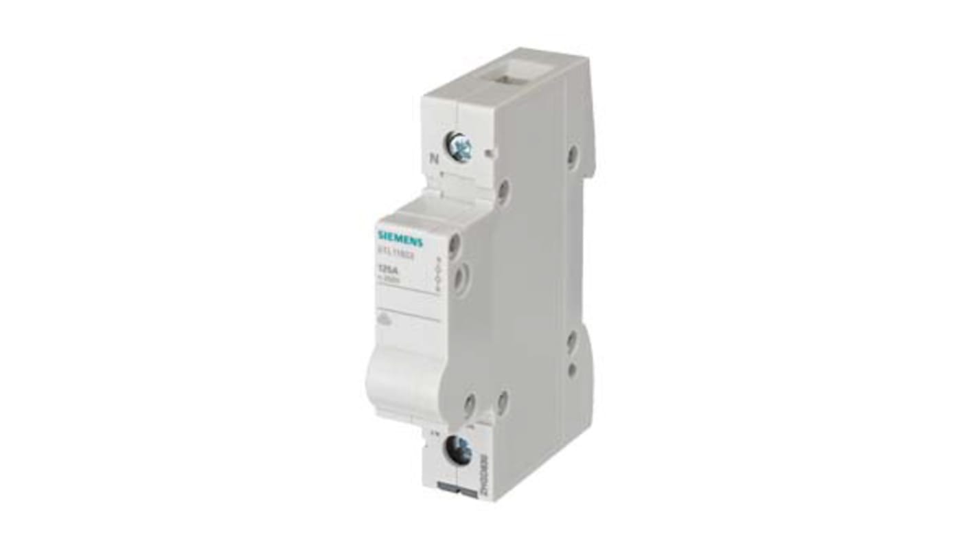 Interruttore di isolamento Siemens 5TL1192-3, 1P, per guida DIN, correnti da 32 A a 125 A, con protezione da scariche elettriche.